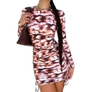 Tiger Mist Brown Tie Dye Ruched Bodycon Mini Dress Size S NWOT